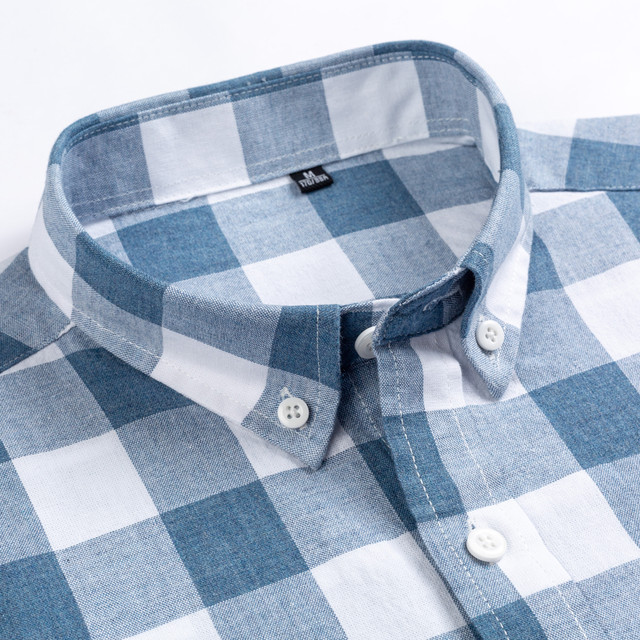 Camisas de algodão xadrez listrado estilo inglês masculina, bolso com  remendo único, manga longa, ajuste padrão